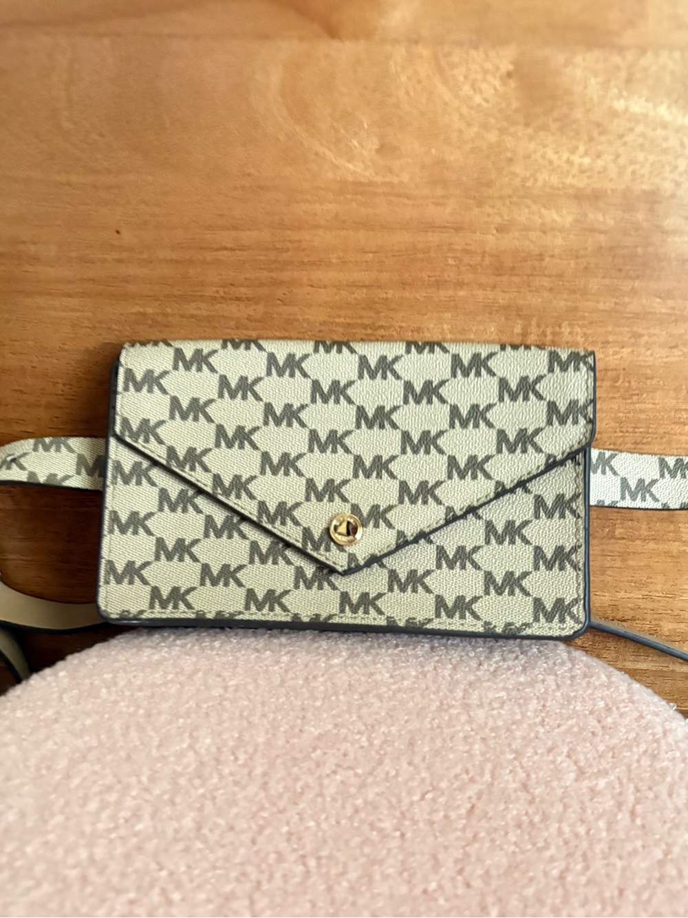 Michael Kors Ivory/Gray MK Logo Belt Bag with Gold Button
